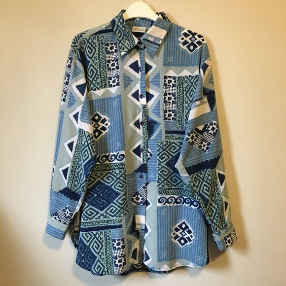 Vintage 90s Meandering Patchwork Button Up Dress Shirt - Picture 1 of 16